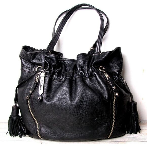 LARGE Cole Haan BLACK GENUINE LEATHER TASSELS TOTE SHOULDER BAG HANDBAG PURSE - Picture 1 of 12